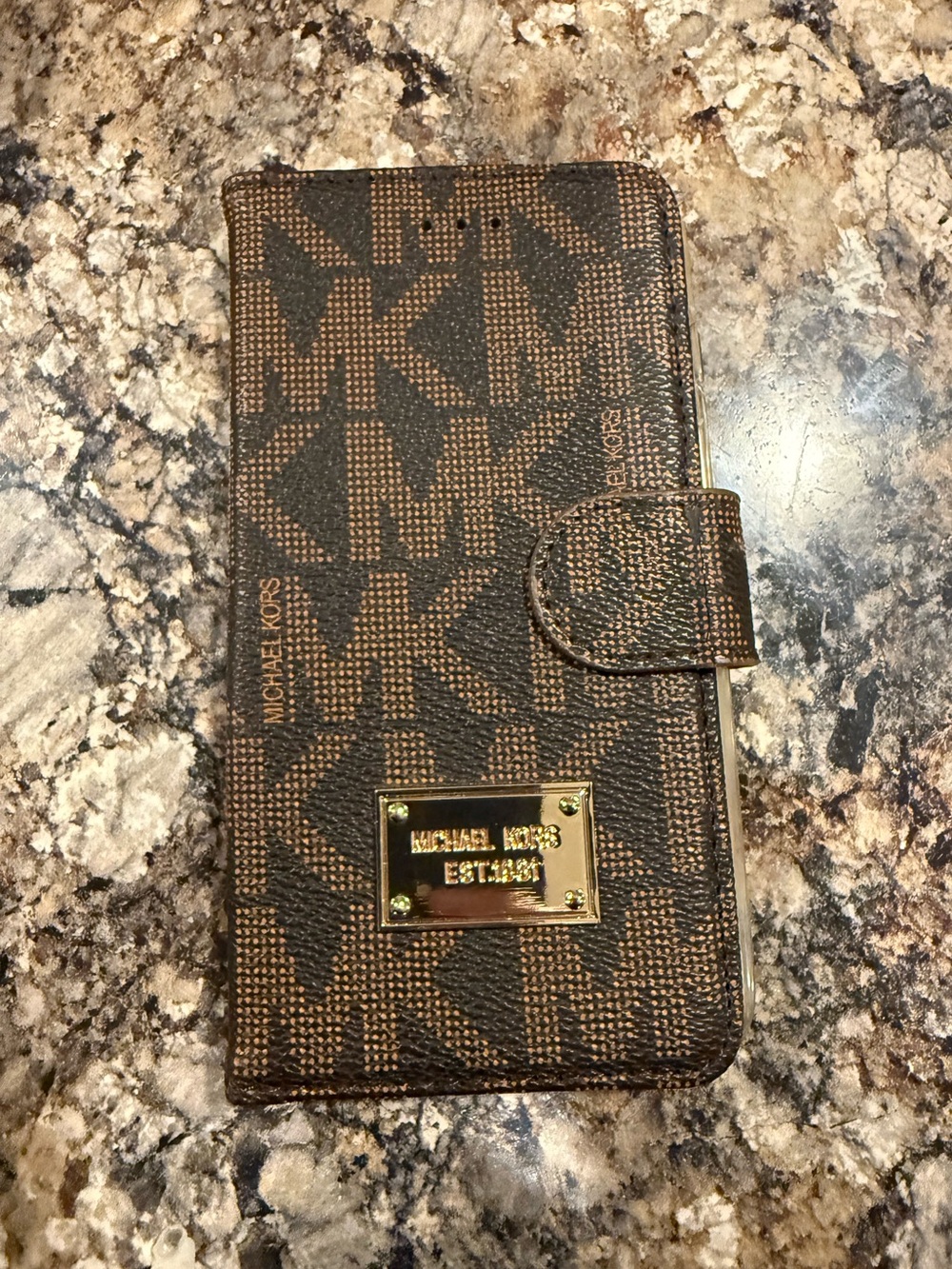 Michael Kors Brown Logo Wallet Folio Phone Case with Gold Plate